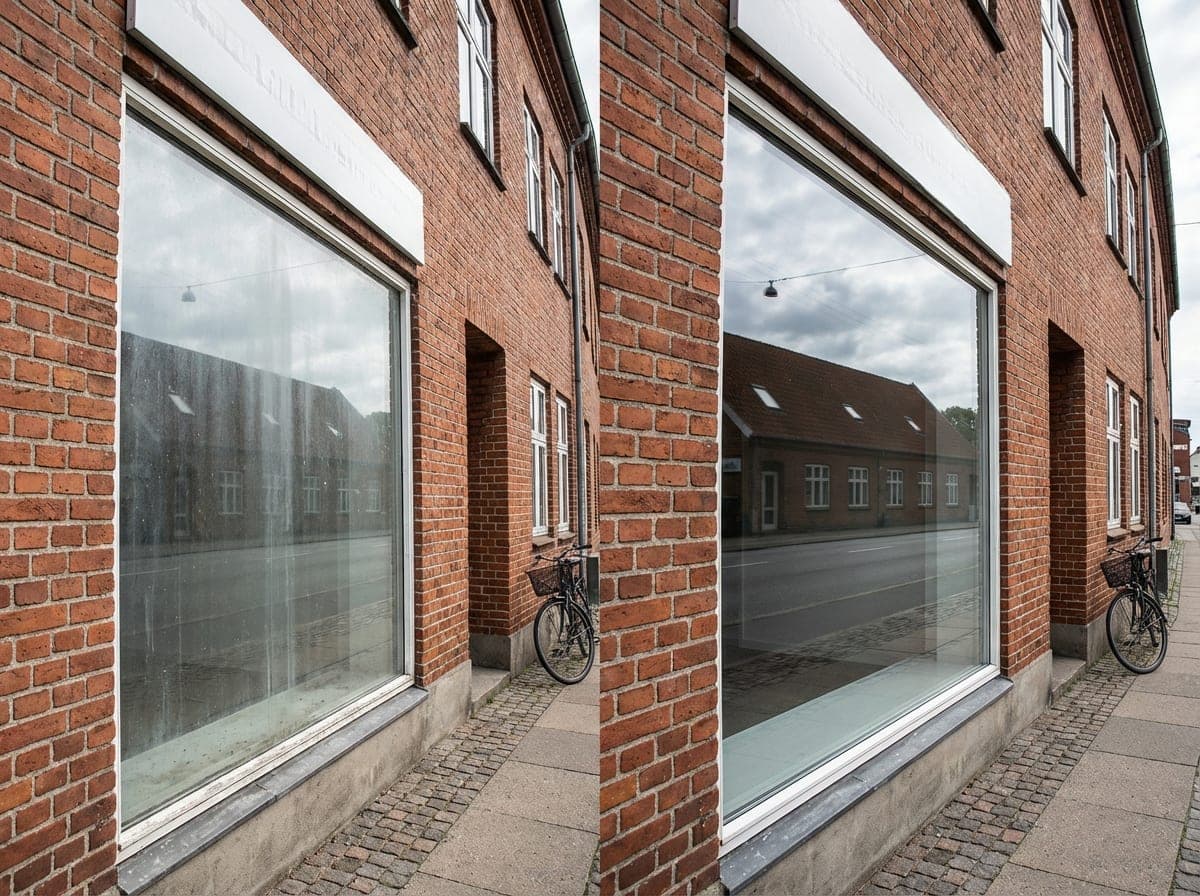 Erhvervsfacade før og efter vinduespudsning – klar forskel på butiksvinduer