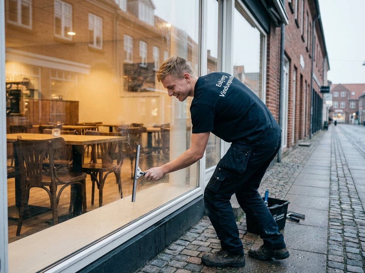 Vinduespudser pudser butiksruden i gadeplan på en handelsgade i Esbjerg
